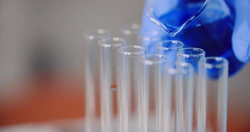 Blue Liquid Poured into Test Tubes in Laboratory