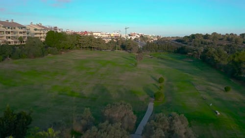 Aerial View. Landscape, Flight Over Golf Course.