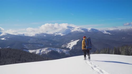 Lone Hiker Walking in Winter Mountains Landscape