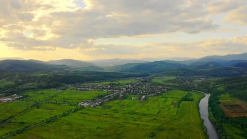 Aerial View Small Town in Valley