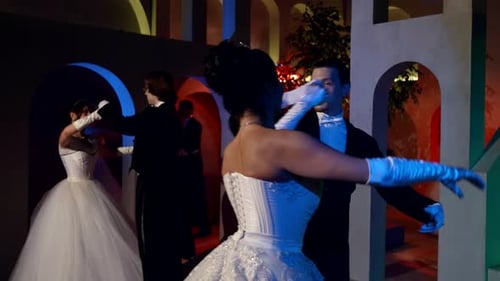 Professional Ballroom Dancers Couples are Waltzing in Dark Hall Women and Men are Dancing Waltz