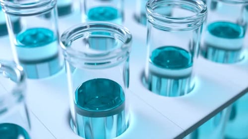 Loopable animation of test tubes filled with cyan blue liquid. Side view. 4KHD