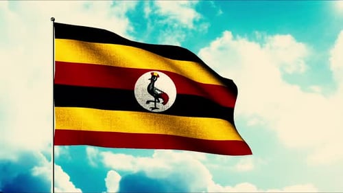 Uganda National Flag Waving Animation on Blue Sky Background