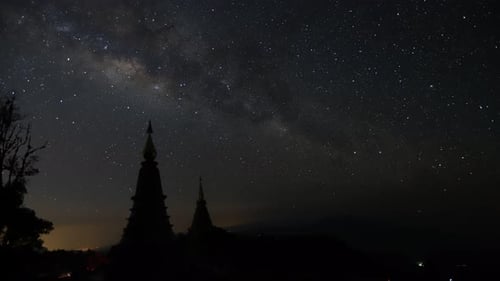 Time lapse of milky way over two pagoda at Doi Inthanon mountain nation park - Chiang Mai,Thailand