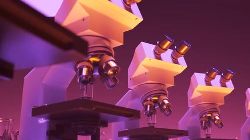 Countless modern microscopes in a row analysing samples in an endless loop. 4KHD