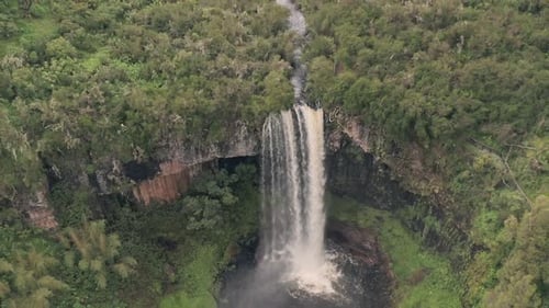 Chania Waterfall in Aberdare National Park, Kenya, Africa. Aerial drone reveal