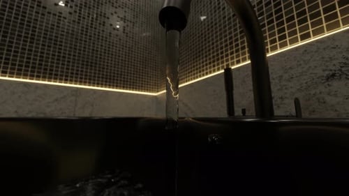 Schwarzer Wasserhahn, fließendes Wasser und beleuchtet von gelben LED-Leuchten