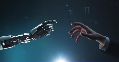 Futuristic Hands Reach in Cyber Technology Space