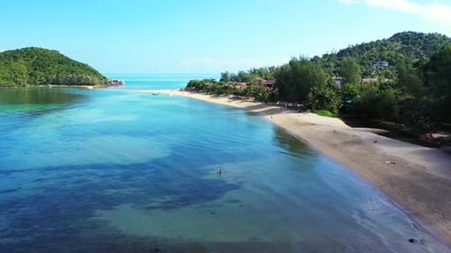 Aerial drone view scenery of paradise sea view beach trip by turquoise lagoon with white sand backgr