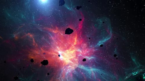Colorful Nebula and Asteroids Flying Through Cosmic Space
