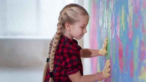 Portrait Girl Braces Multicolored Palms Draws Paints Wall During Renovation Entertainment Children
