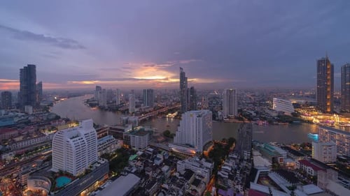 Time lapse of aerial view of Taksin Bridge with Chao Phraya River, Bangkok Downtown. Thailand.