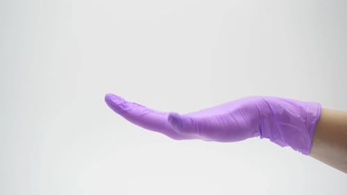 Main féminine en gros plan vêtue de latex, de nitrile, de caoutchouc, gant médical de couleur lilas sur un isolant