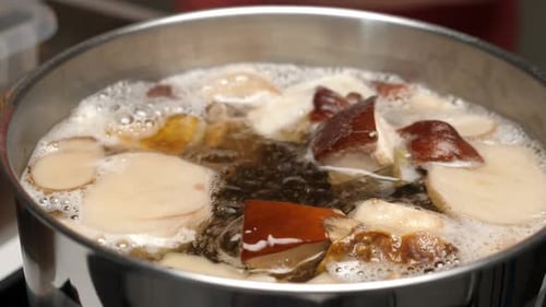 Boiling Mushrooms in Pan