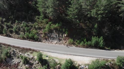 Luftaufnahme eines professionellen Radfahrers fährt Rennrad auf leerer Straße im Wald