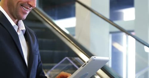 Smiling Adult Using Tablet in Office Building