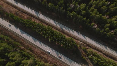 Autobahnstraße mit Autos zwischen grünem Wald