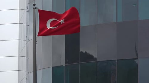 Realistic Waving Turkish Flag on Modern Corporate Building