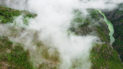 Nature River in Summer Mountain Forest Sky Clouds Magical Morning Fog