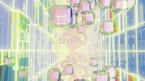 Futuristic Tunnel of Iridescent Cubes Through a Glowing Grid