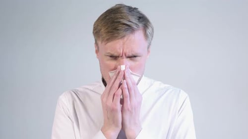 Sick Man with Flu and Cold White Background