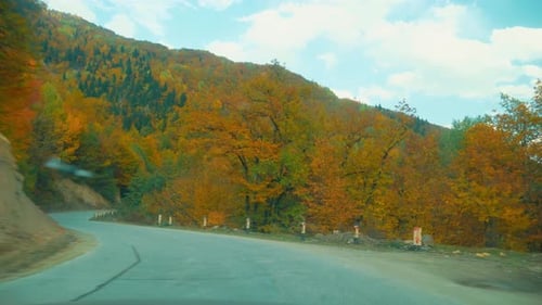 camera shoots from first person, car is driving along a narrow mountain road.