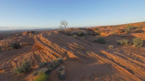 Desert Landscape with Red Rock Formations at Sunrise