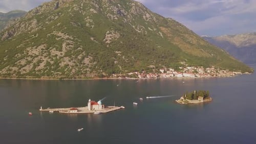Aerial Footage of St. George and Monastery on the Islands Near Perast Town in Kotor Bay
