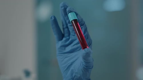 Blood Sample in Test Tube held in Gloved Hand