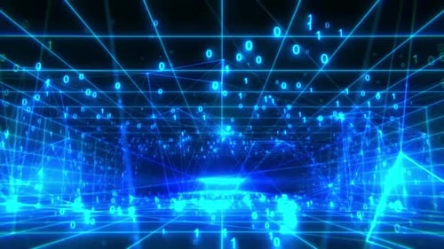 Futuristic Digital Grid Network Background with Binary Code Data Flow