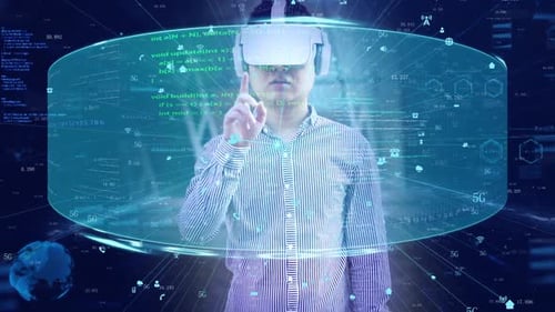 Man Uses Virtual Reality Headset and Digital Screen