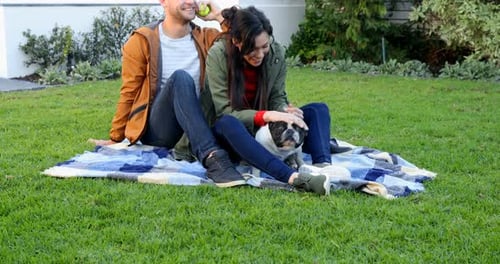 Affectionate couple playing with pet dog