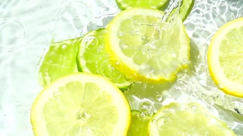 Lemon and Lime Slices Falling into Water