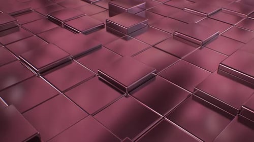 Abstrakter reflektierender lila Fliesenboden, glänzende Würfelbox, geometrische Blöcke