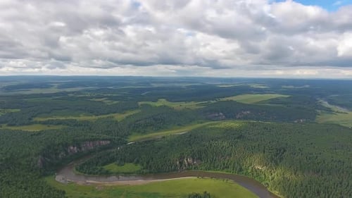 Aerial Landscape with River in Ural Mountains