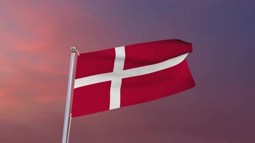 Animated Realistic Danish Flag Waving on a Flagpole