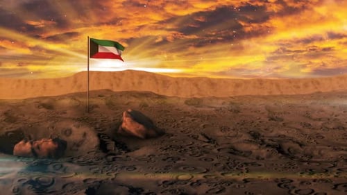 Kuwait Flag Waving on Extraterrestrial Landscape with Radiant Sunset