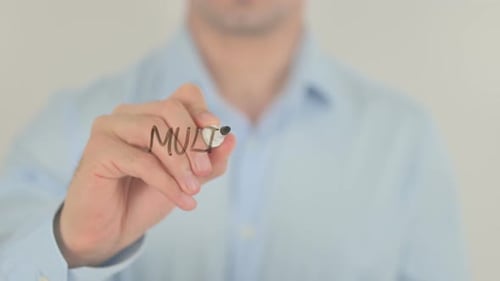 Multi Level Marketing, Man Writing on Transparent Glass Screen