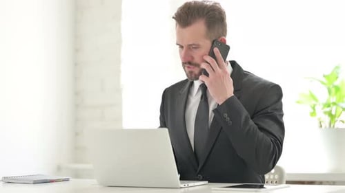 Young Businessman Talking on Phone While Using Laptop in Office