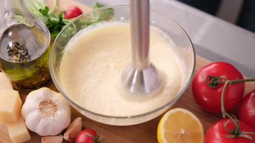 Préparation de la sauce à salade César en mélangeant du parmesan râpé et de l'huile d'olive dans un bol en verre