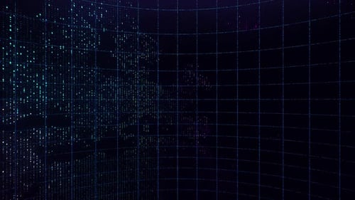 Futuristic Digital Data Grid with Particles Forming World Map Animation