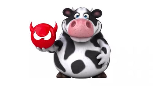 Animated 3D Cow Character Holding Red Devil Icon