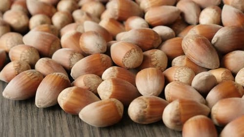 Whole organic hazelnuts on the table close-up 4K 2160p 30fps UHD tilting footage - Heap of Corylus a