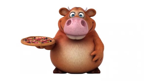 Happy Cartoon Cow Character Holds Pizza and Points