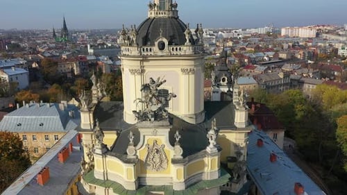 Aerial Video of Saint Yura Church in Central Part of Old City of Lviv, Ukraine