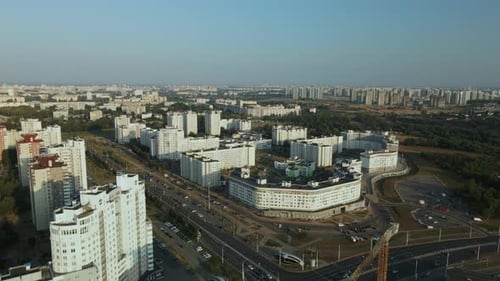 City Block. Modern Multi Storey Buildings. Flying At Dusk At Sunset. Aerial Photography.