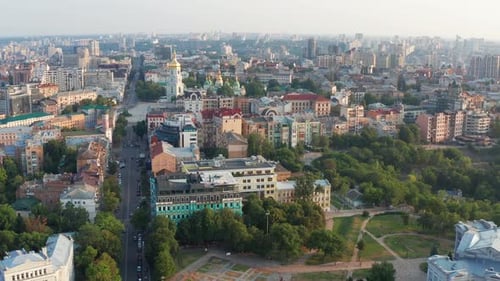 Beautiful flight in the evening over the Hagia Sophia in Kiev. Evening view of the houses.