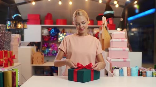 Woman Tying Bow on a Wrapped Gift