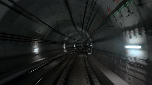Front Cabin View of Driverless Metro Train Moving Forward Through Underground Tunnel