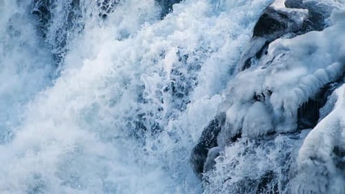 Icy Winter Rapids Waterfall Close Up